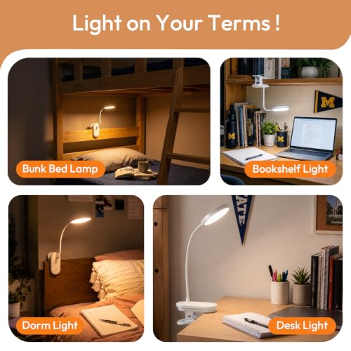 Clip on Light, Stepless Dimmable & 3 Colors Touch Control Clip On Bed Light. Dorm Room Essential 2600mAh Rechargeable Battery Powered Lamp. Flexible Clip On Lamp for Desk/Bedside/Headboard - color: White