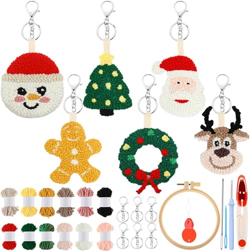 WinnerWhy 6 Pcs Christmas Punch Needle Kit Adults Beginner Keychain Accessories Christmas Punch Needle Embroidery Kit Includes Patterns, Tools, Yarns, Hoop, Instruction, Easy Art Work Decor for Adult