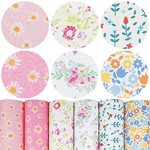 LITCHI 6 Pack 8x12 Inch Faux Leather Sheets for Bow Earring, Easy to Cut Vinyl Fabric for Cricut, Durable Fade Resistant Leatherette Without Smell, Follow Pattern - color: Daisyflower