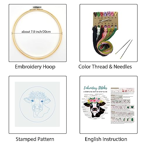 Louise Maelys Cow Beginners Embroidery Kits,Cross Stitch Starter kit for Adults with Embroidery Cloth Hoop Needles Instruction and Threads - color: Kit-16