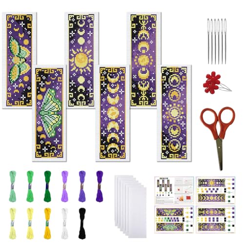 FREEBLOSS 6 Set Cross Stitch Bookmark Kits 8"x2.4" Butterfly Moon Phases - style: Lunar phase