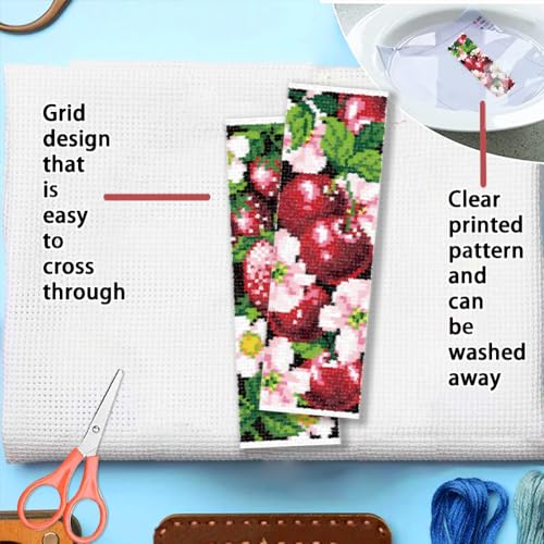 FREEBLOSS 6 Set Cross Stitch Bookmarks Kit Fruit&Flowers Stamped Cross Stitch Kit DIY Embroidery Bookmark Set with Instruction for Adults Beginners Gift for Reading Enthusiasts 8 * 2.4inch 11CT