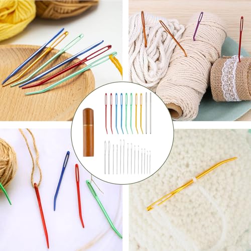 24pcs Large Eye Sewing Needles Kit, Stainless Steel Blunt Darning Needles & Bent Tapestry Needles & Sharp Hand Knitting Needles with Wooden Case,Perfect for Crochet/Darning/Yarn/Embroidery Projects