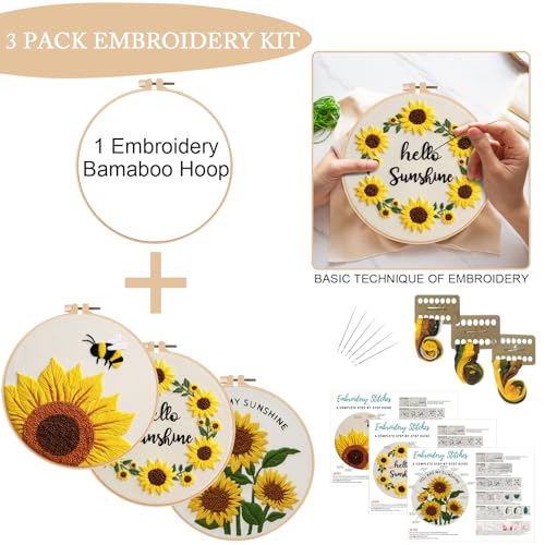 Nuberlic 3 Pack Embroidery Kit for Beginners with Sunflower Pattern - color: Sunflower