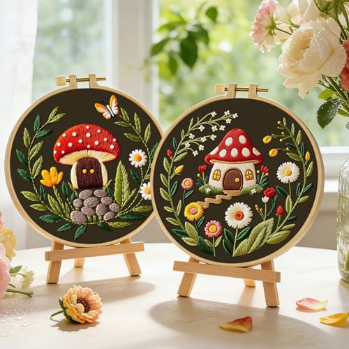 ERKOON Embroidery Kit for Beginners, 2 Set Flower Cross Stitch Set Include Embroidery Cloth Hoops Threads for Craft Lover Hand Stitch with Embroidery Skill Techniques (Mushroom) - color: Mushroom