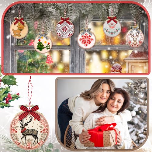 Beeveer 12 Sets 3 Inch Beech Wood Embroidery Hoops with Bows Rope Xmas
