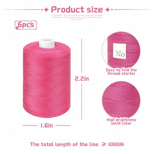 Red Thread for Sewing, 6 Spools of 1000 Yards Polyester Quilting Thread - color: Red+RoseRed
