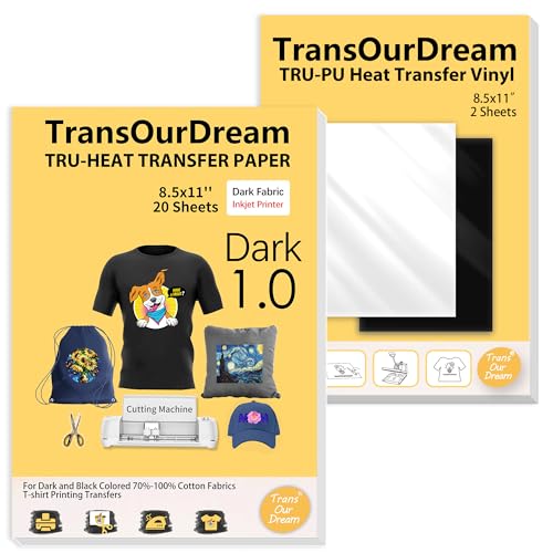 TransOurDream Tru-Iron on Heat Transfer Paper for Dark Fabric (20+2 Sheets, 8.5x11") Printable Iron on Transfers Paper for Inkjet Printer & Heat Transfer Vinyl for T Shirts - color: Dark-BW, size: 20 Sheets
