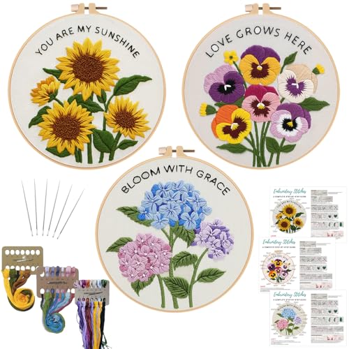 Nuberlic 3 Pack Embroidery Kit for Beginners, Floral Cross Stitch Kit - color: floral