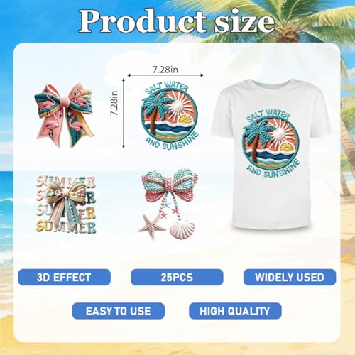 25Pcs Summer Dtf Transfers Ready to Press Faux Yarn Beach Iron on Transfers for Tshirts Coquete Bow Floral Transfer Vinyl Stickers for Clothing Pillows Bag DIY Crafts - color: Summer Beach