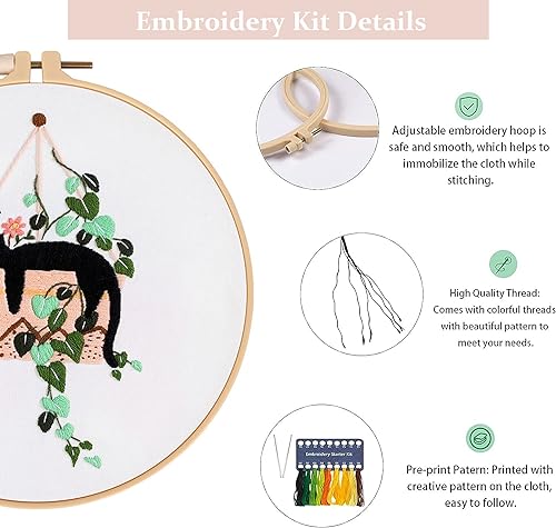 GLTAYLMY 3pcs Embroidery Kit for Beginners DIY Adult Beginner Embroidery Kits with Cat Pattern 1 Embroidery Hoops Needles Threads and Instructions - color: Cat