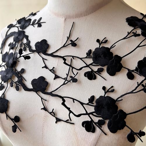 2pcs Iron on Plum Flower Applique Black Color Embroidery Vine of Floral for Clothing,Costumes - color: Black