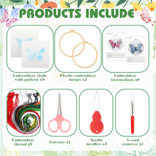 Riceshoot 8 Set Butterfly Floral Embroidery Kit for Beginner Adults Butterfly Embroidery Cross Stitch DIY Craft Needlepoint Pack Kits with Pattern Instruction Cloth Hoops Thread Needle Scissors - style: Butterfly Floral