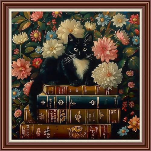 Dimensean Counted Cross Stitch Kit for Beginners, 11CT Unprinted Cross-Stitch Kit Easy Patterns Needlepoint Kit Cross Stitching Embroidery Kit Supplies-Cat Books Flowers 18x18 inch - color: DIYColor20