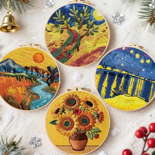 FREEBLOSS 5 Sets Embroidery Kit for Beginners Needlepoint Embroidery Starter Kit with Oil Painting Style Stamped Patterns, Instructions, Colored Threads, 2 Hoops 11.6"/29.5cm