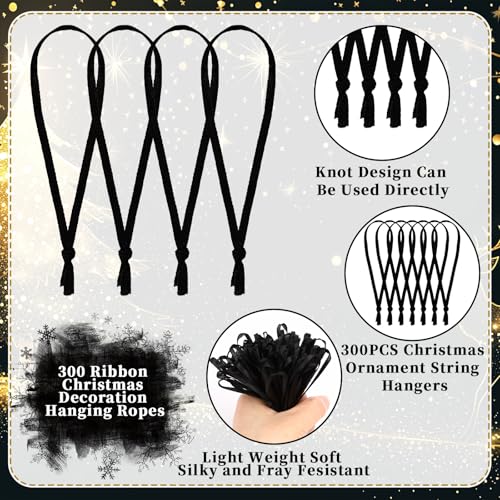 JUNEBRUSHS 300Pcs Christmas Ornament Ribbon Hangers, Hand Tied String Ties Ornament Loops Thin Ribbon for Ornaments Christmas Tree Hanging Decoration Black - color: Black
