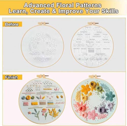 AZY 3-Piece Embroidery Kit for Beginners – Needlepoint Set with Pre-Printed Floral Patterns, Adjustable Hoop, Thread, Needles & Instructions for Cross Stitch Lovers (Floral Embroidery) - style: Floral Embroidery