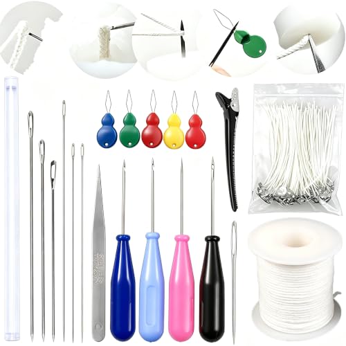119PCS Candle Making Kit Mold Punch Needle with Hook Eye,Candle Wick Inserting Tool for Molds Long Wick Needle for Candle Making,Candle Wick Roll 200 Ft 24 Wick Spool,100 Piece 6" Natural Candlewick - color: 119PCS