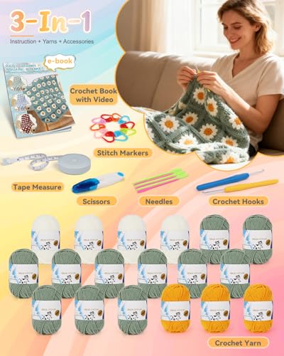 Coopay Crochet Kit for Beginners, Easy Granny Square Crochet Blanket Kit - color: Green - Daisy