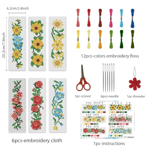 INFUNLY 6 Set Cross Stitch Bookmark Kit Rose Flower DIY Cross Stitch Kit 8"x2.4" Pre-Printed Sunflower Stamped Embroidery Bookmark with Instruction for Beginners Book Lovers Adults Craft Gift - style: Flowers