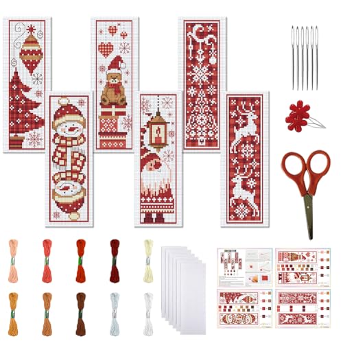 FREEBLOSS 6pcs Christmas Cross Stitch Bookmark Kit for Adult Beginners Stamped Embroidery Bookmark Kits Bookmarks Craft Kit with Instructions for Gift 11CT 8''x2.4'' - style: Christmas Patterns