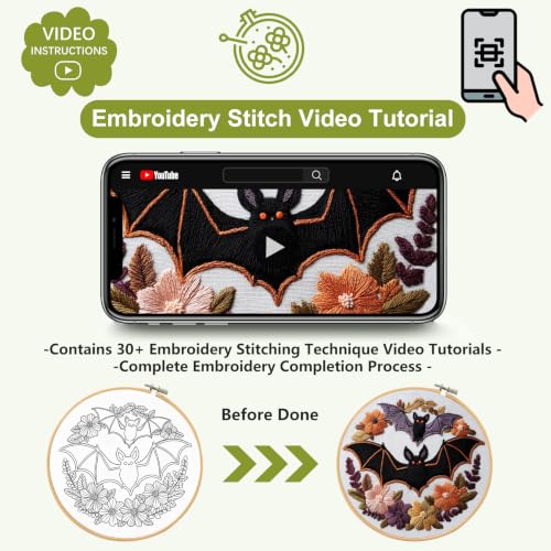 Santune Halloween Embroidery kit,Fall Needlepoint Cross Stitch Kits for Beginners Adult,Needle Point Sets,4 Embroidery,2 Hoops,Halloween Ornaments - color: Halloween Series