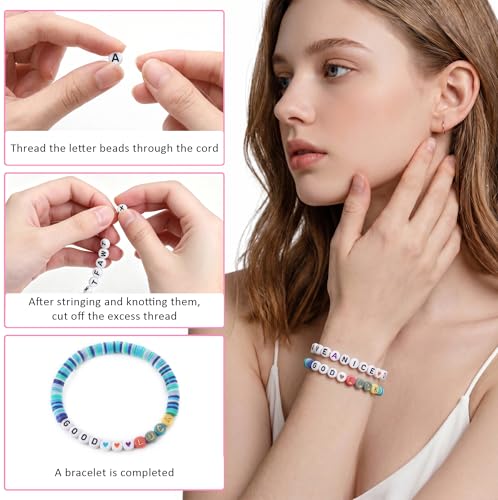 Letter Beads and Bracelets String Set, 4x7mm Round Alphabet Beads - color: C+W+heart