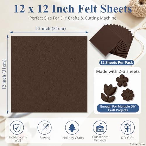12" x 12" Felt Sheets for Crafts, 2mm Stiff Felt Fabric (12 Pcs), Brown - color: Brown