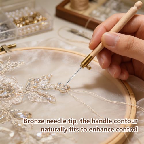 WQAPVHBG Tambour Hook Embroidery, 5.39in Tambour Embroidery Needle with 3 Needles, Tambour Beading Kit with Wood Handle for Crocheters to Sew, Embroidery, Bead and Handcrafted Crafts