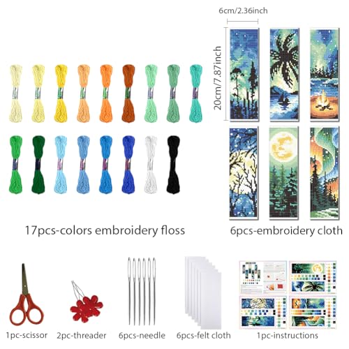 FREEBLOSS 6pcs Cross Stitch Bookmark Kit for Adult Beginners Stamped Night Landscape Cross Stitch Kits Embroidery Bookmarks Craft Kit with Instructions for Gift 11CT 8"x2.4" - style: Scenery