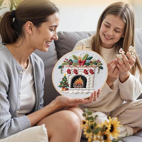LB Christmas Embroidery Kit for Beginners Adults, 3 Sets Hand Embroidery Starter Kit with Fireplace Pattern and Instructions Stamped Cross Stitch Kits Include Embroidery Hoop Needles Threads Scissors - color: Blue