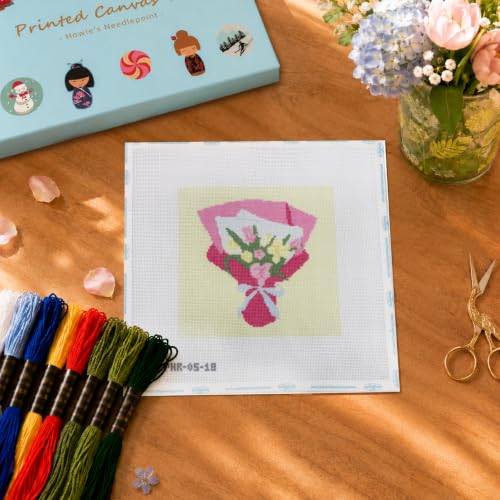Howie's Needlepoint Flower Needlepoint Kits for Adults & Beginners, 18 Mesh Printed Needlepoint Canvas, Stamped Patterns Canvas Starter Kits(Tulips Bouquet,6"x6") - color: Tulips Bouquet