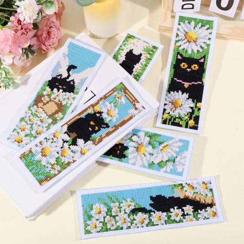 ORIGACH 6 Set Cat & Daisy Cross Stitch Bookmark Kit for Beginner - style: Cat and Daisy