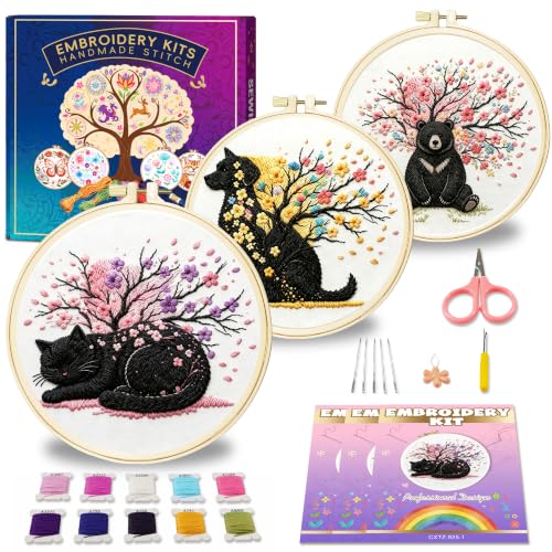Huacan Embroidery Kit for Adults Beginners with 3 Hoops & Gift Box - color: Cherry Blossom Animals