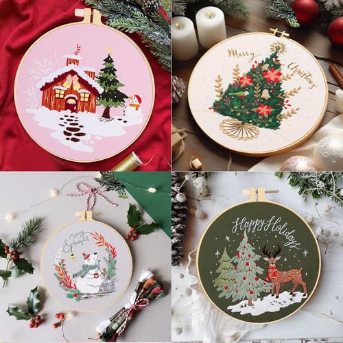 Huacan Embroidery Kits for Adults Beginner 4 Pcs Stamped Christmas Tree Pattern Stitching DIY Sewing Kit 7.9 x 7.9 Inch - color: Christmas Tree 2