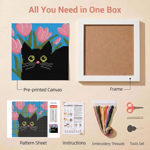 Black Cat Stamped Cross Stitch Kits for Beginners Adults with Framed - color: DKJ016