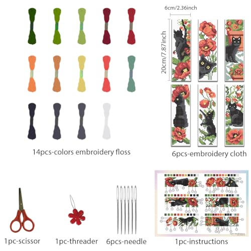 FREEBLOSS 6 Set 11CT Cross Stitch Bookmark Kits 8"x2.4" Cat&Flowers - style: Poppy&Cats