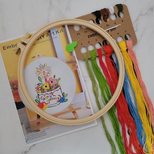 Esffaci Embroidery Starter Kit for Adult Beginner with Birthday Cake Flowers Pattern Hand Embroidery Set with Cloth Hoop Needle Threader Floss and Instruction - color: Birthday Cake