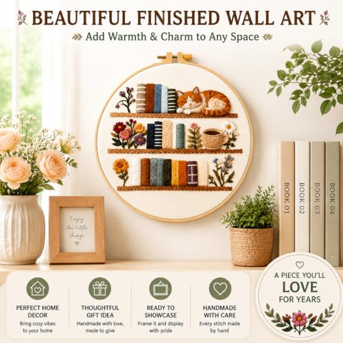 TopHand Reading Tracker 8" Embroidery Kit for Beginners, DIY Bookshelf Stamped Cross Stitch Kit with Blank Spines to Customize, Hand-Stitched Bookish Decor, Floral Threads (Flowers + Books + Cats)