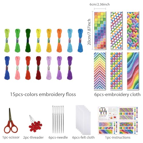 FREEBLOSS 6 Set Cross Stitch Bookmark Kits 11CT 8"x2.4" Colorful Gradient - style: Colorful Style