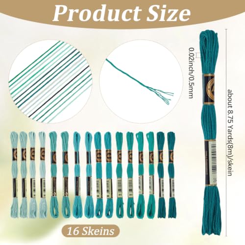 16 Skeins 140 Yard Green Embroidery Floss 6 Ply Gradient Color Embroidery Thread Polyester Cross-Stitch Threads Friendship Bracelets String for Hand Embroidery String Art DIY Creation - color: Green