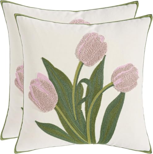 Embroidered Throw Pillow Covers 18x18 Pack of 2 Pink Tulip - color: Pink Tulip, size: 18" x 18" (Pack of 2)