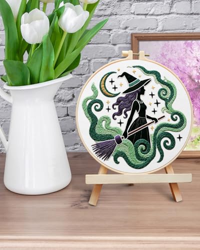 ERKOON Embroidery Kit for Beginners Adult, Cross Stitch Set Include Embroidery Cloth Hoops Threads for Craft Lover Hand Stitch with Embroidery Skill Techniques (Black Witch) - color: Black Witch