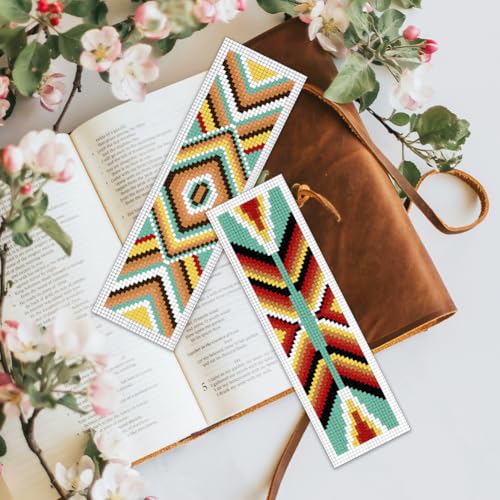 BEUNITONE Cross Stitch Bookmarks Kit 6 Pcs Geometric Pattern DIY Bookmarks Cross Stitch Kits for Beginners Boho Floral Fabric Bookmark Kit Traditional Decorative Counted Knitting Kit 8''x2.4'' - style: Indian Floral Pattern