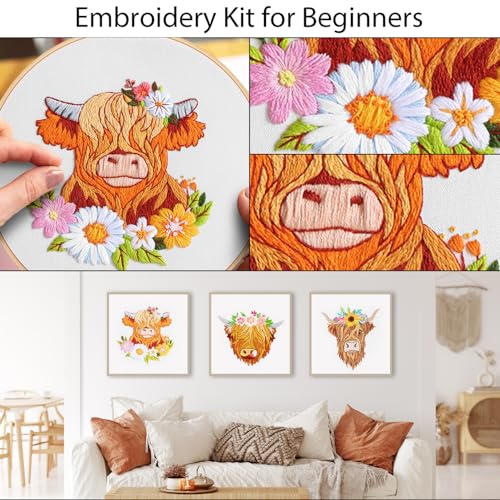 Louise Maelys 3 Pack Highland Cow Embroidery Kit for Beginners Floral Art - color: Animals-9