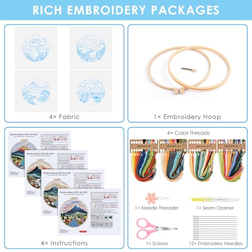 ERKOON 4 Set Embroidery Kit for Beginners, Cross Stitch Set Include Embroidery Cloth Hoops Threads for Craft Lover Hand Stitch with Embroidery Skill Techniques (Landscape) - color: Landscape