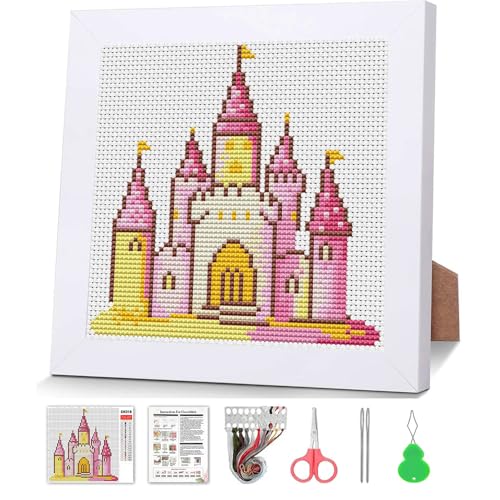 VIGEGU Pink Castle Stamped Cross Stitch Kits for Adult Beginner with Frame - color: Castle Cross Stitch with Framed