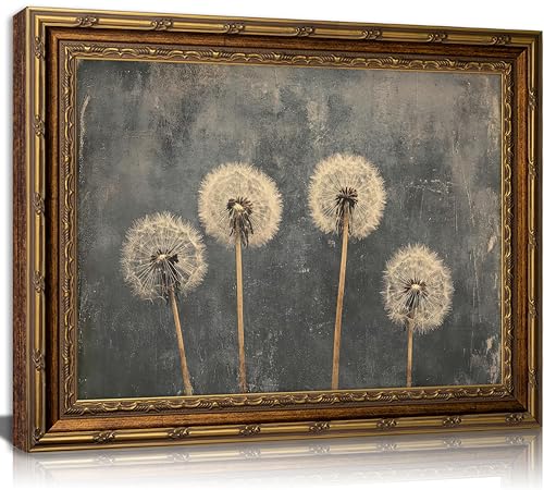 DNEJZKI Vintage Gold Frame Dandelion Wall Art Rustic Farmhouse Flower Botanical Wall Decor Retro Floral Landscape Painting Picture Cottagecore Plant Canvas Prints for Living Room Bedroom Office Decor - color: Dandelion, size: 16"L x 12"W