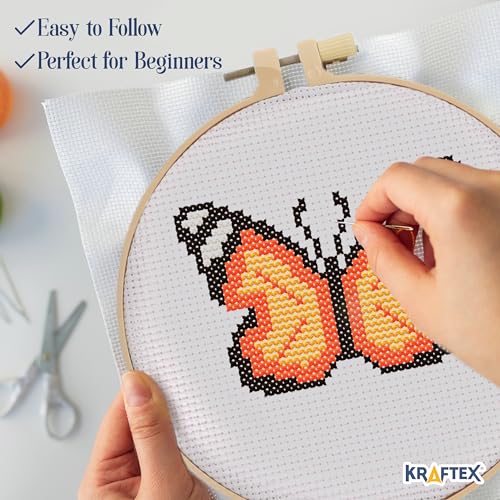 Kraftex Floral Stamped Cross Stitch Kits for Beginners - 3 Pack. DIY Embroidery Needlepoint Patterns for Adults. Easy Cross Stitch Kits for Beginners (Garden Creatures) - style: Garden Creatures