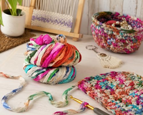 Knitsilk Recycled Shibori Sari Silk Ribbon Yarn- Great for Rug Making, Crochet, Knitting, Embroidery, and Jewelry Making |Sustainable and Unique Texture Ribbon Yarn|50 GMS-30 Yards-Multicolor |
